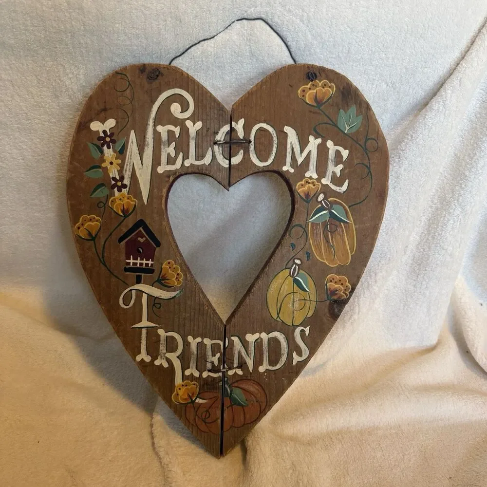Primitive Wood Welcome Friends Fall Hanging Heart Sign Floral Pumpkin Cottagecor